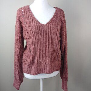 ALMOST FAMOUS CHUNKY V NECK CHENILE SWEATER DEEP ROSE COLOR WOMENS SIZE MED NWT